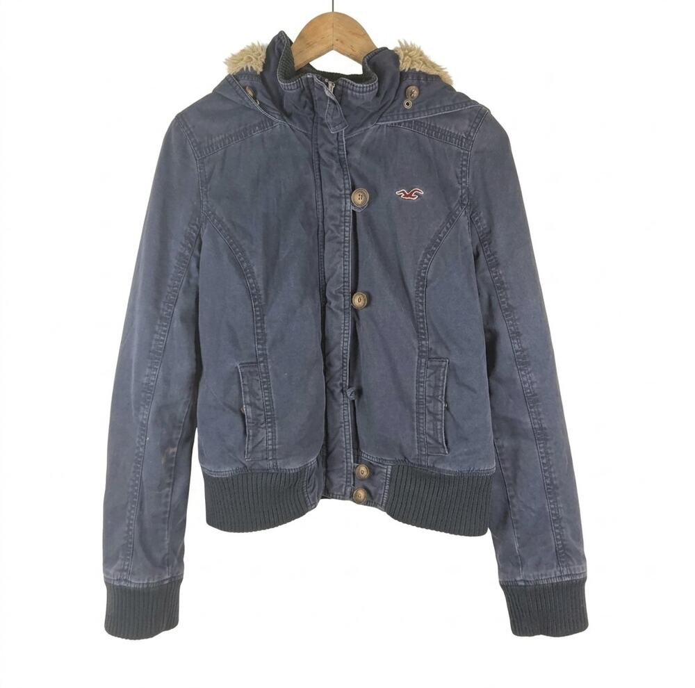 VTG Y2K Hollister Jacket Womens Large Blue Faux Fur Lined Hooded Bomber Full Zip